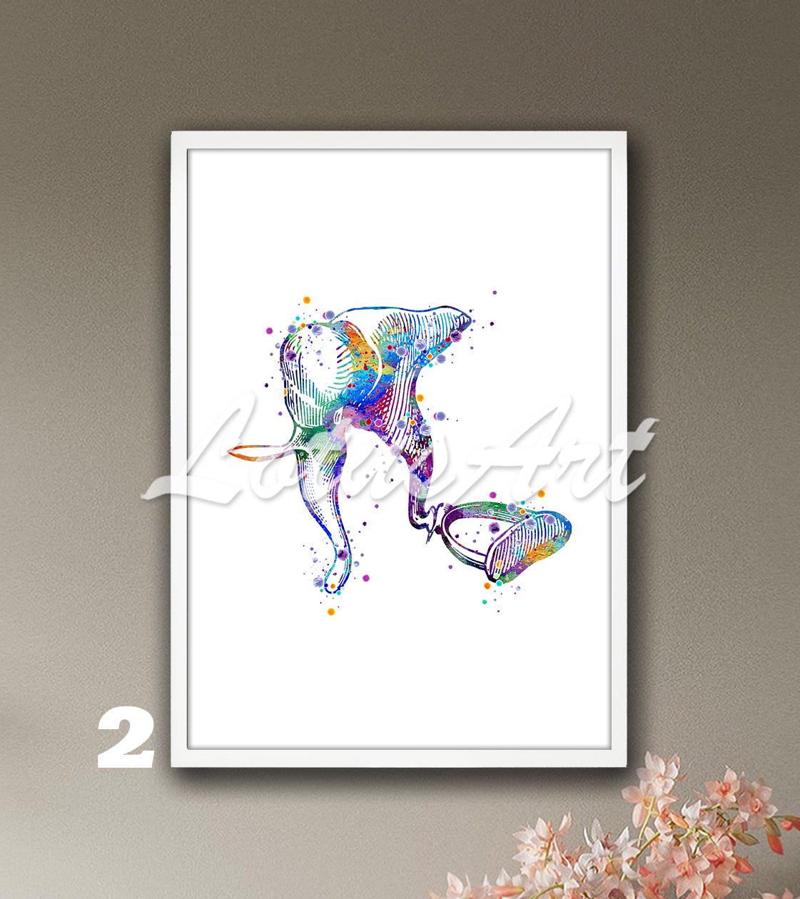 Colorful watercolor art print of ossicle and vestibular system of inner ear, anatomy medical decor for ENT clinics.