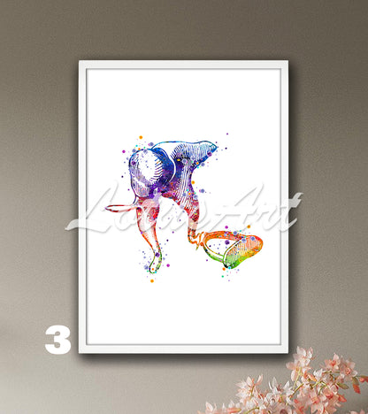 Watercolor art print of ossicle and vestibular system of inner ear, anatomy medical decor in rainbow colors for ENT doctors.