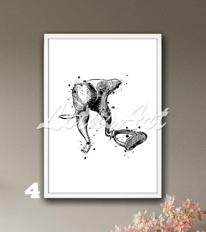 Watercolor art print of vestibular system and ossicle of inner ear, anatomy medical decor in black-white for ENT offices.
