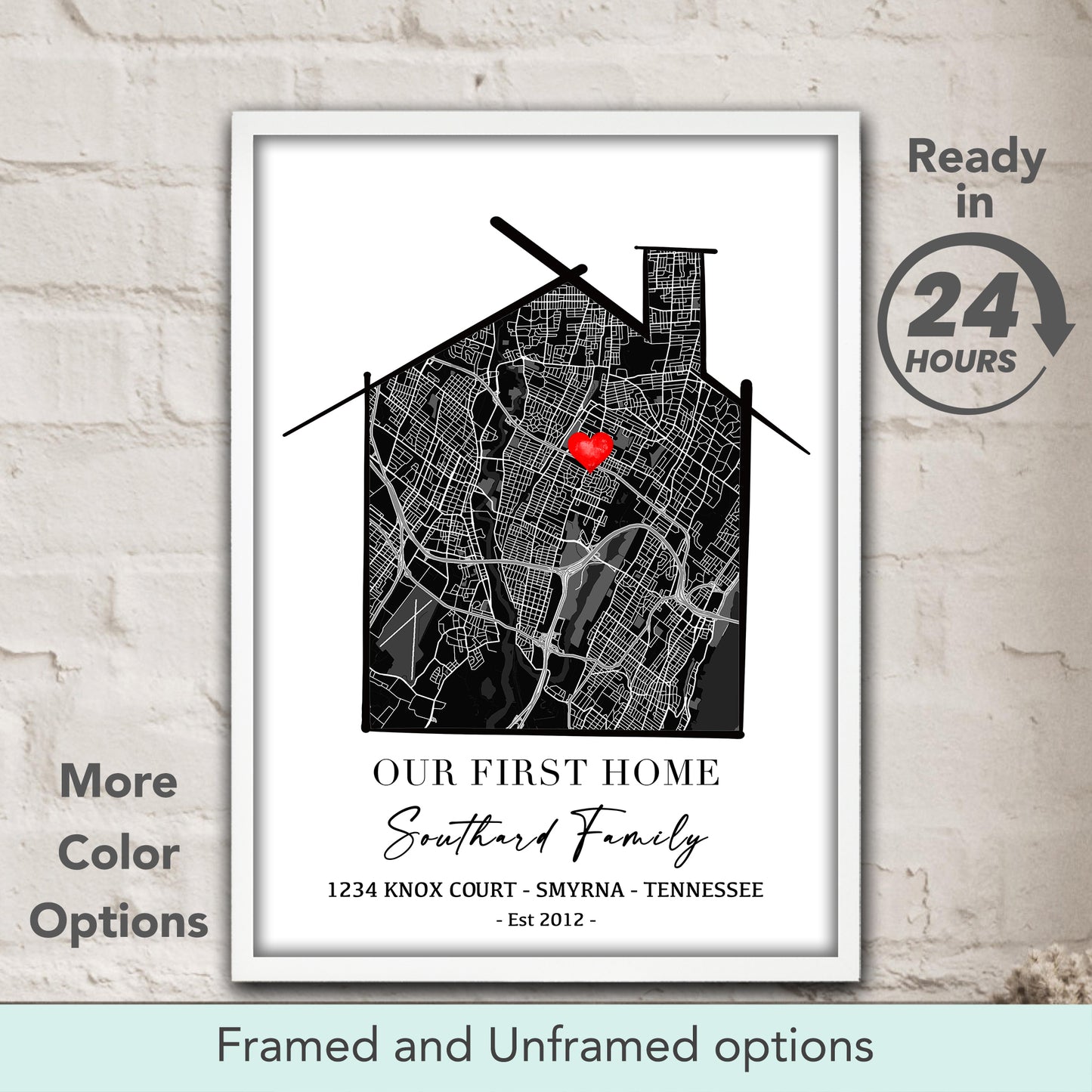 Our First Home custom location map art print in black tones, personalized modern new home gift & housewarming wall art