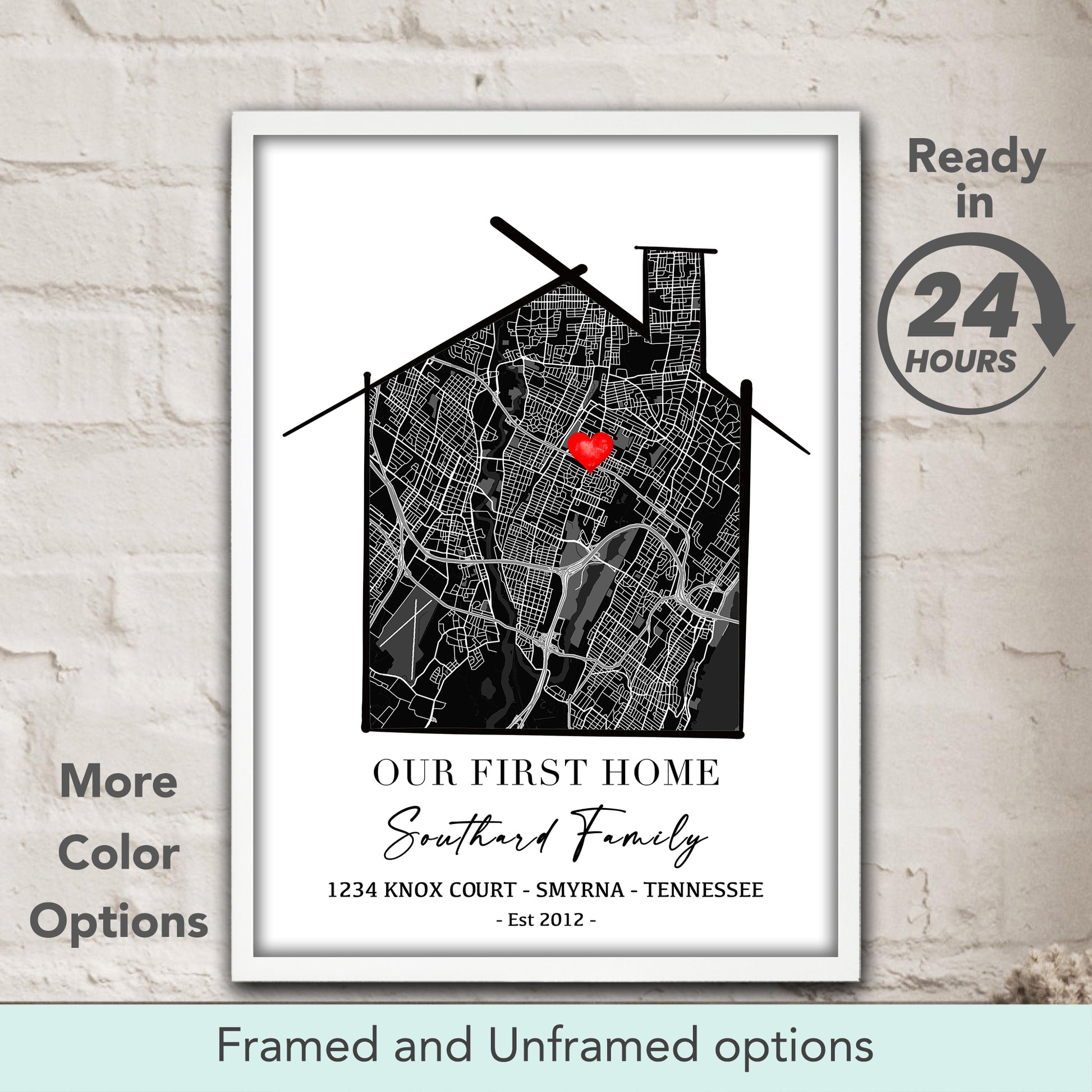 Our First Home custom location map art print in black tones, personalized modern new home gift & housewarming wall art