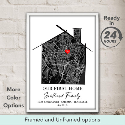 Our First Home custom location map art print in black tones, personalized modern new home gift & housewarming wall art