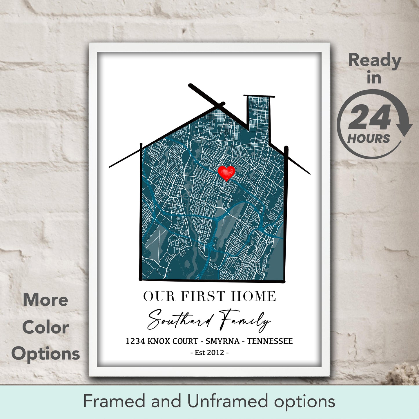 Our First Home custom location map print in dark teal tones, personalized minimalist new home gift & housewarming wall art