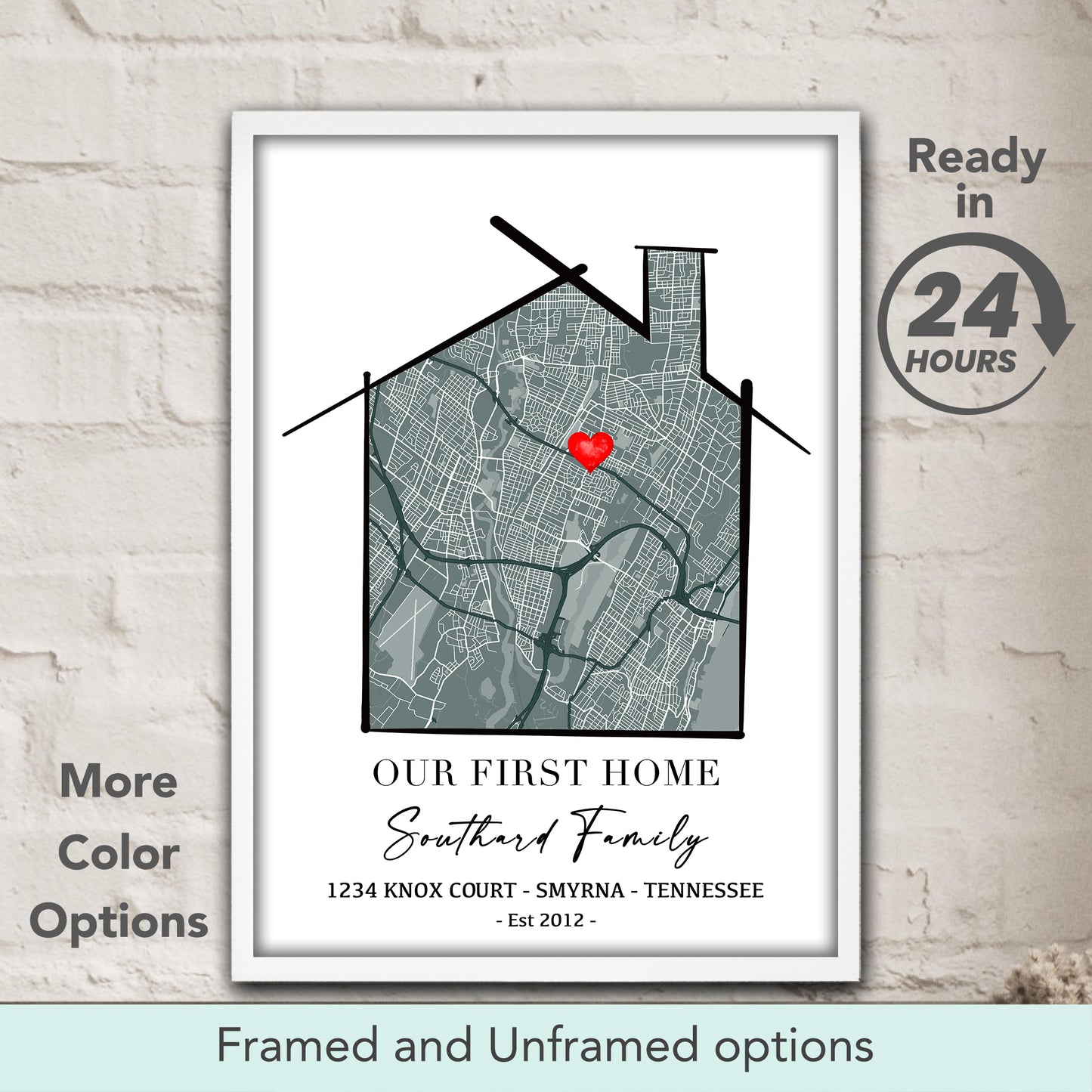 Our First Home custom location map print in pastel grey-green tones, personalized housewarming wall art & new home keepsake
