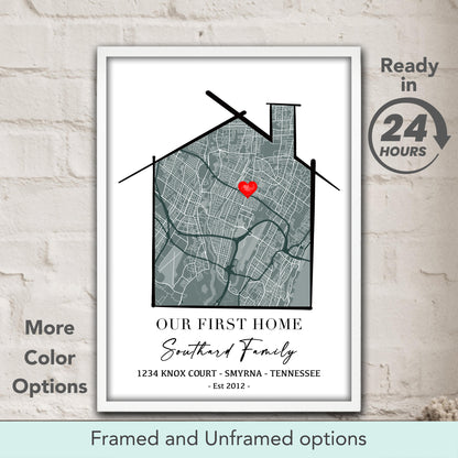 Our First Home custom location map print in pastel grey-green tones, personalized housewarming wall art & new home keepsake