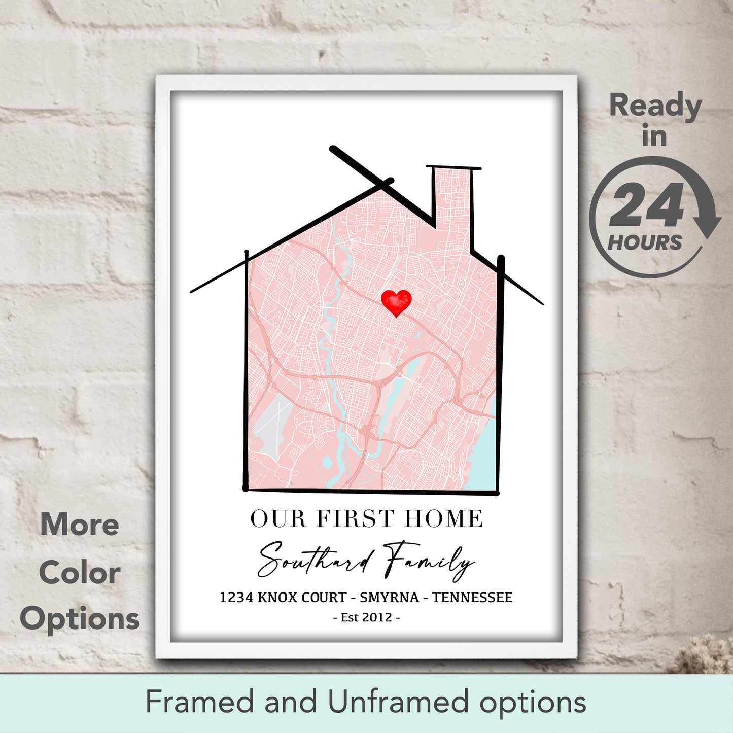 Our First Home custom location map poster in pink tones, personalized new home gift & romantic housewarming wall art print