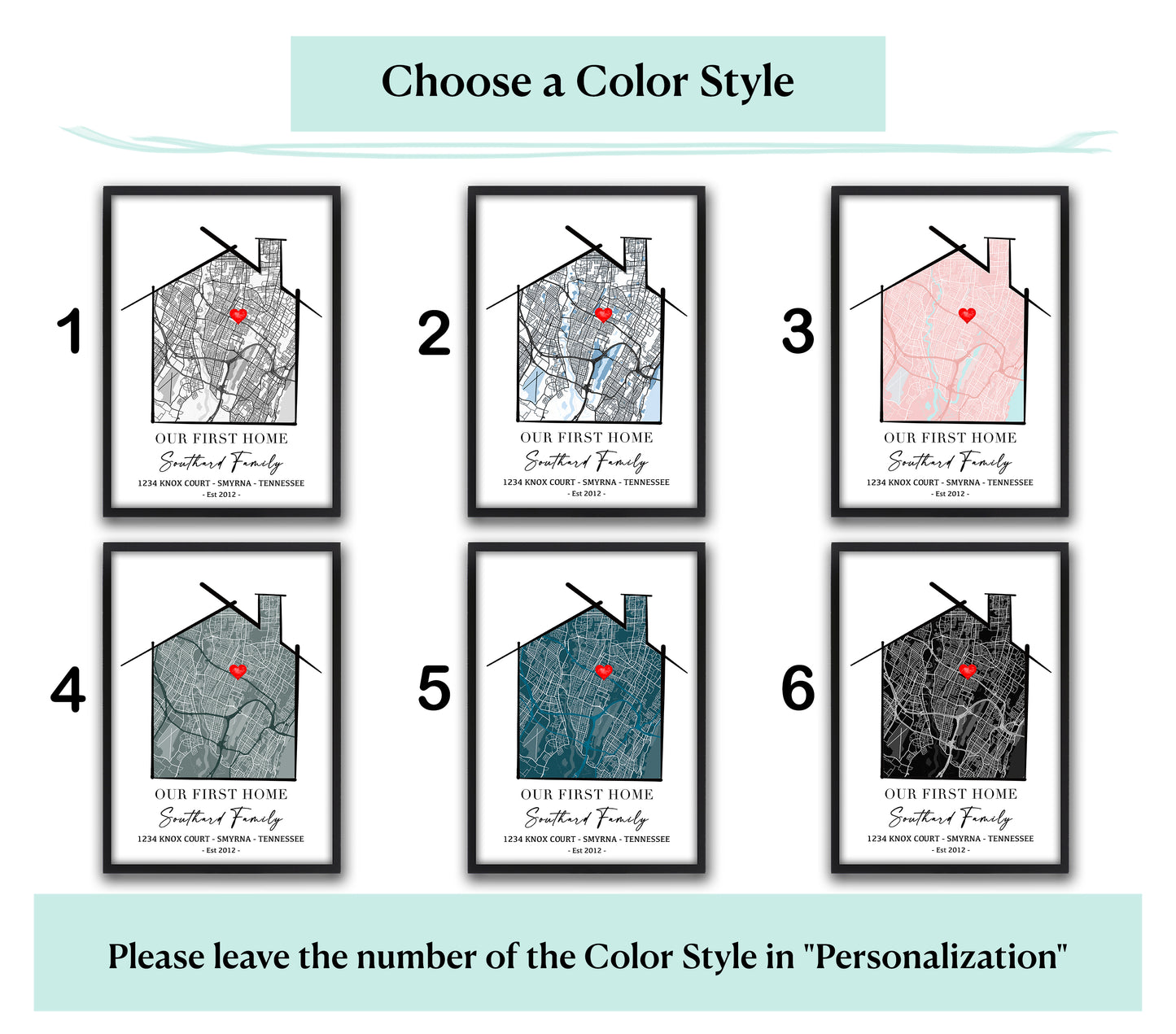 Our First Home custom location map art with 6 color style options, personalized new home gift & housewarming wall art