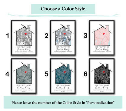 Our First Home custom location map art with 6 color style options, personalized new home gift & housewarming wall art