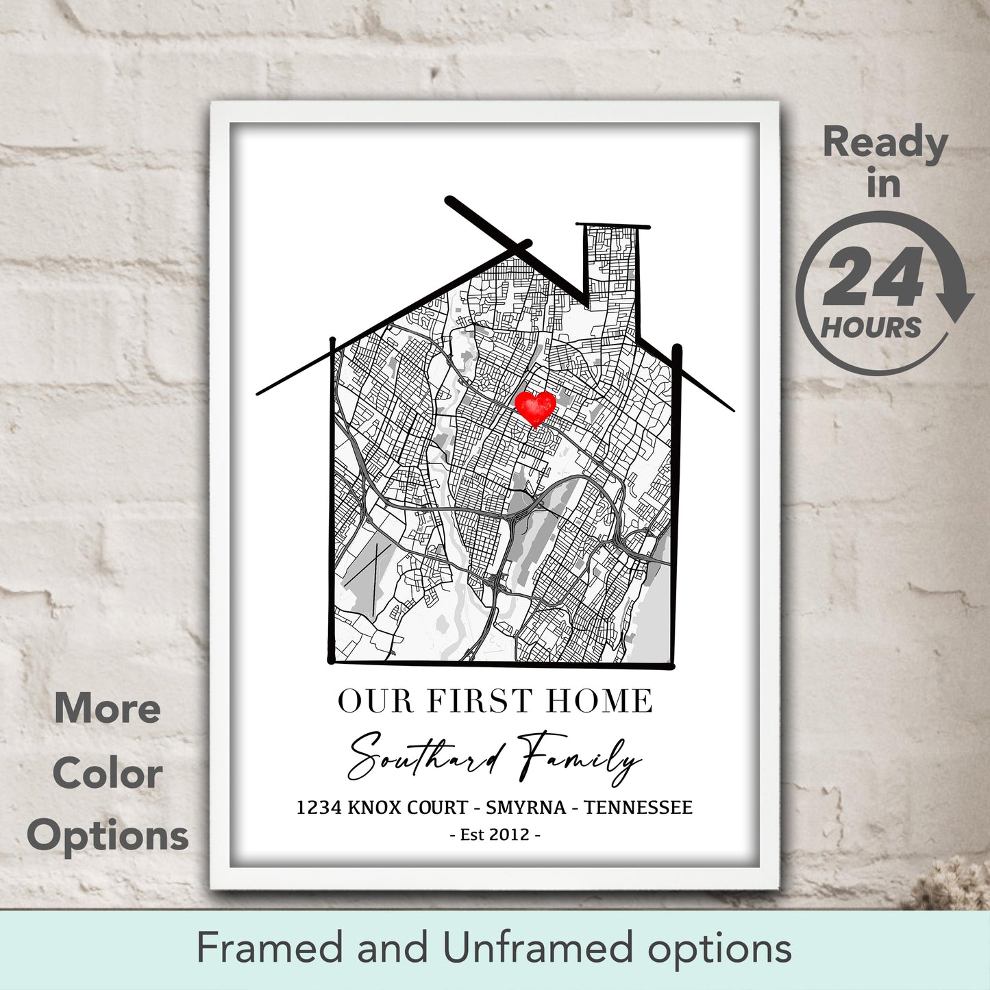 Our First Home custom location map decor with personalized address and family name, new home gift & housewarming wall art