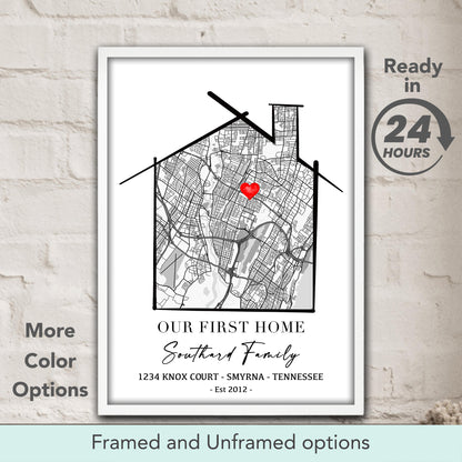 Our First Home custom location map decor with personalized address and family name, new home gift & housewarming wall art