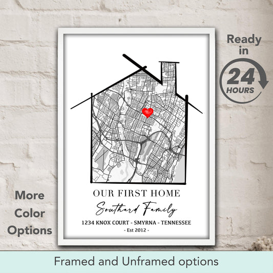 Our First Home custom location map decor with personalized address and family name, new home gift & housewarming wall art