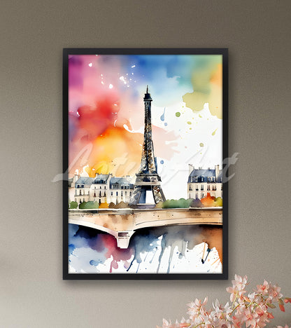 Paris Watercolor Wall Art Print, Eiffel Tower Painting, France Cityscape Travel Poster
