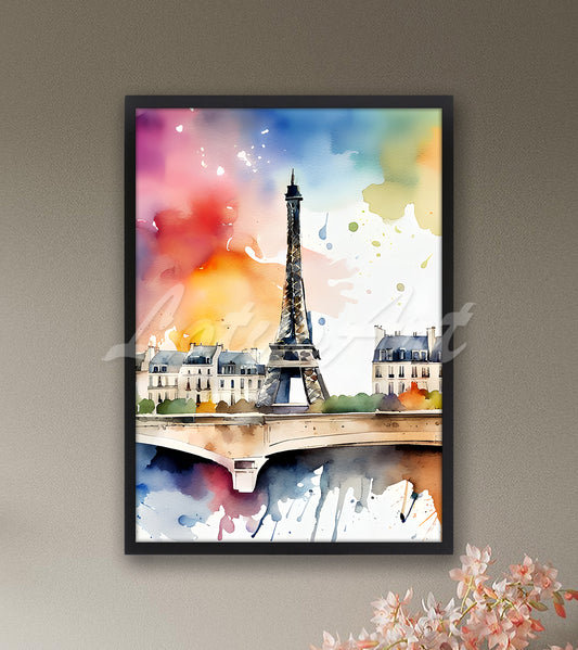 Paris Watercolor Wall Art Print, Eiffel Tower Painting, France Cityscape Travel Poster