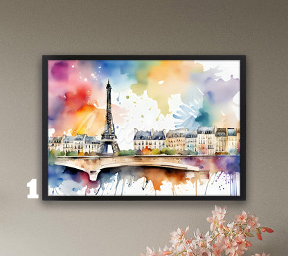 Paris Cityscape Watercolor Art Print, Eiffel Tower Wall Decor, Modern Travel France Painting