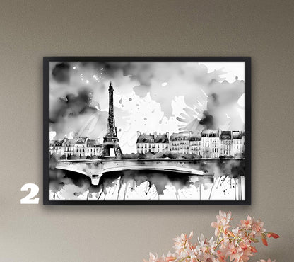 Paris Cityscape Watercolor Art Print, Eiffel Tower Wall Decor, Modern Travel France Painting