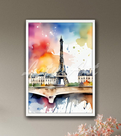 Paris Watercolor Wall Art Print, Eiffel Tower Painting, France Cityscape Travel Poster