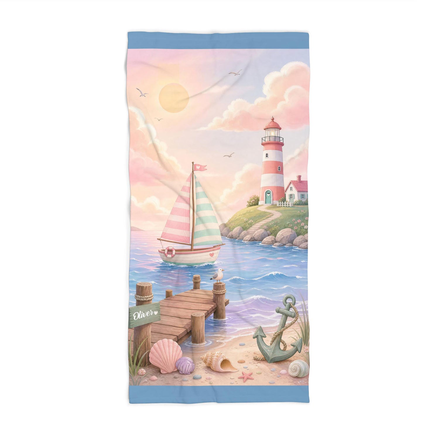 Personalized pastel nautical boys beach towel, custom name kids gift, lighthouse sailboat coastal art front view