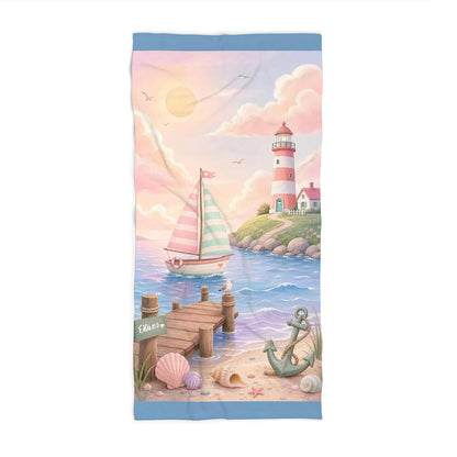 Personalized pastel nautical boys beach towel, custom name kids gift, lighthouse sailboat coastal art front view