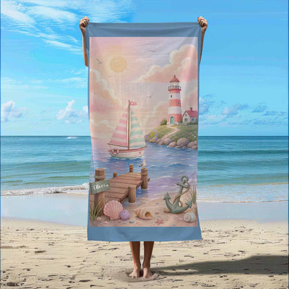 Personalized pastel nautical boys beach towel, custom name kids gift, lighthouse sailboat coastal art lifestyle beach