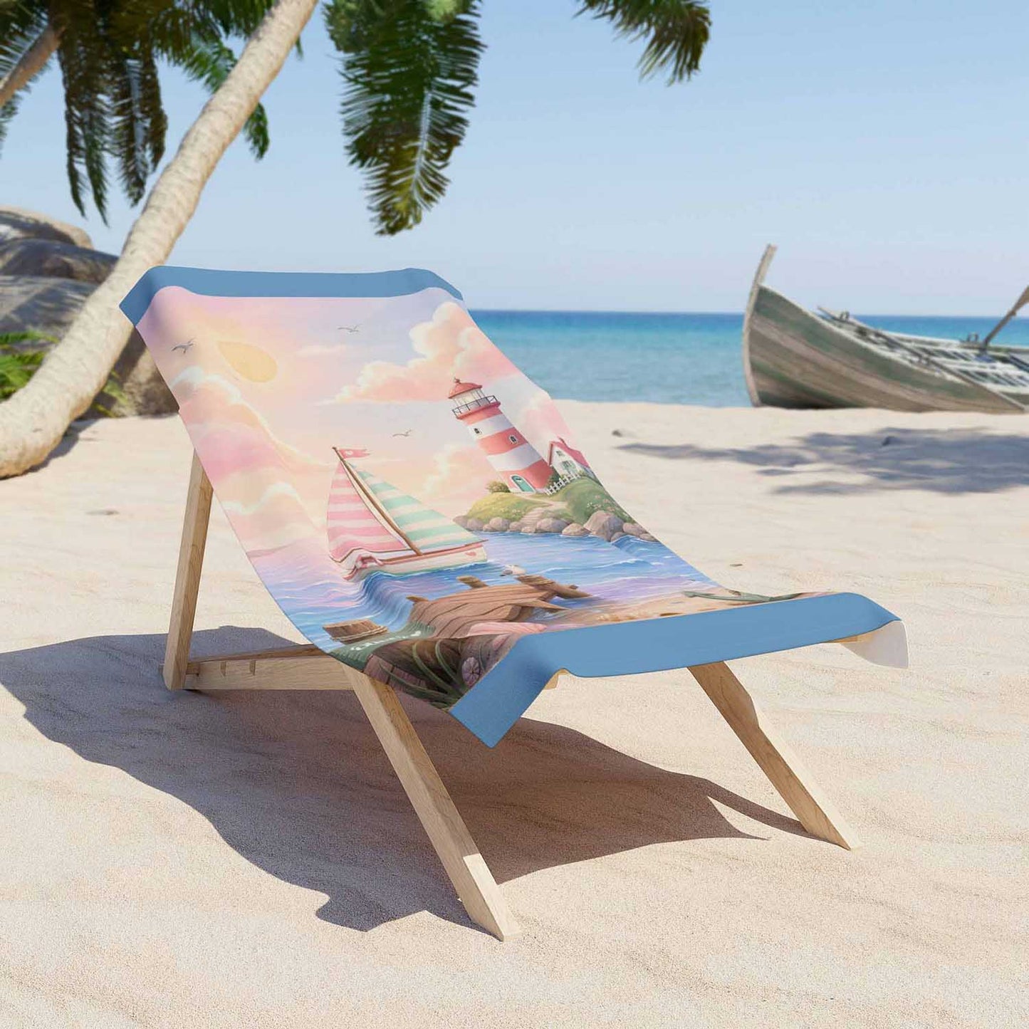 Personalized pastel nautical boys beach towel, kids custom name gift, lighthouse sailboat coastal art lifestyle lounger