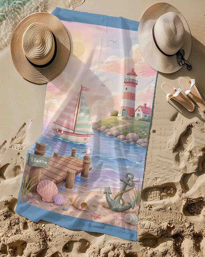 Personalized pastel nautical boys beach towel, kids custom name gift, lighthouse sailboat coastal art lifestyle sand