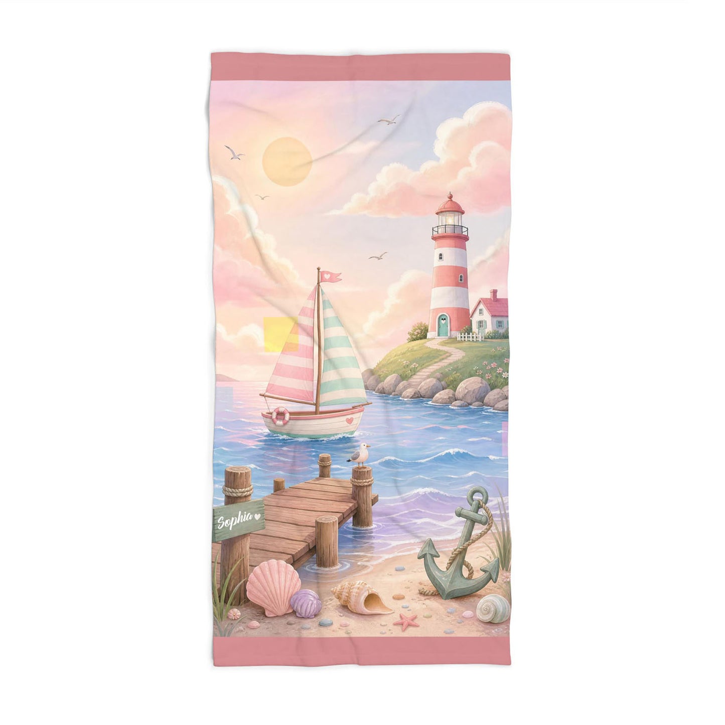 Personalized pastel nautical girls beach towel, custom name kids gift, lighthouse sailboat coastal art front view