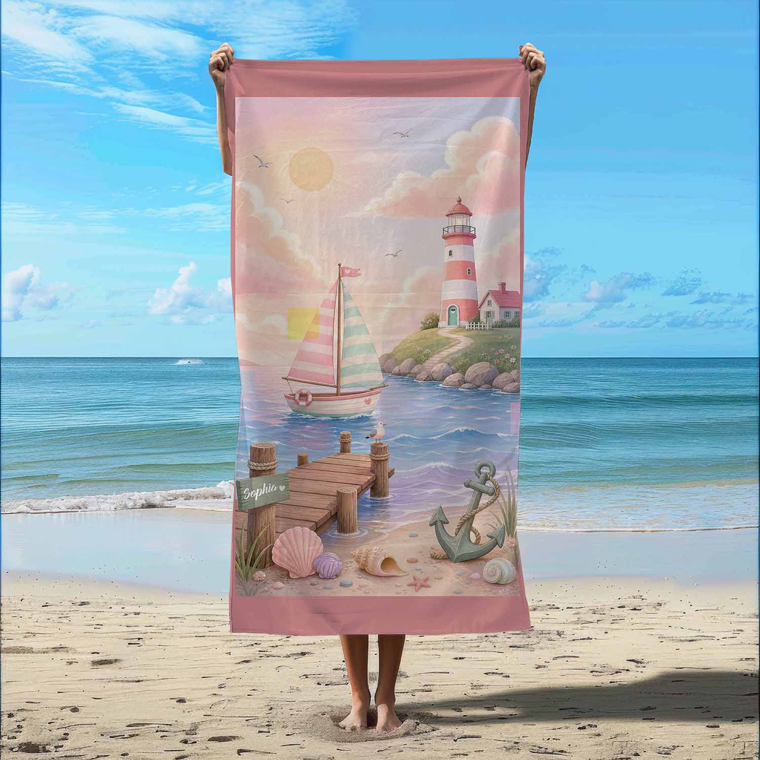 Personalized pastel nautical girls beach towel, custom name kids gift, lighthouse sailboat coastal art lifestyle beach