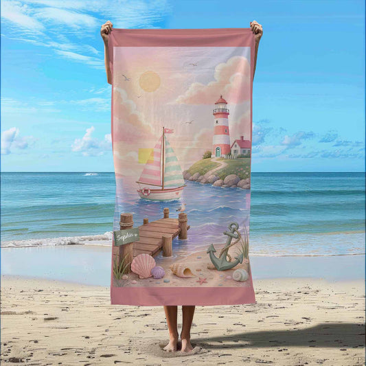 Personalized pastel nautical girls beach towel, custom name kids gift, lighthouse sailboat coastal art lifestyle beach