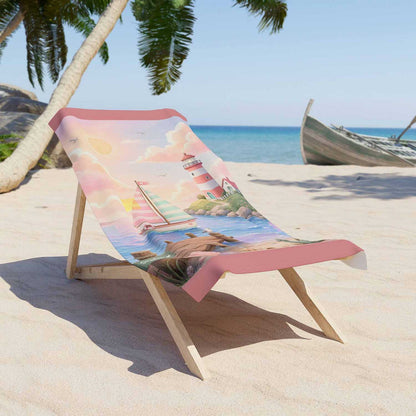 Personalized pastel nautical girls beach towel, kids custom name gift, lighthouse sailboat coastal art lifestyle lounger