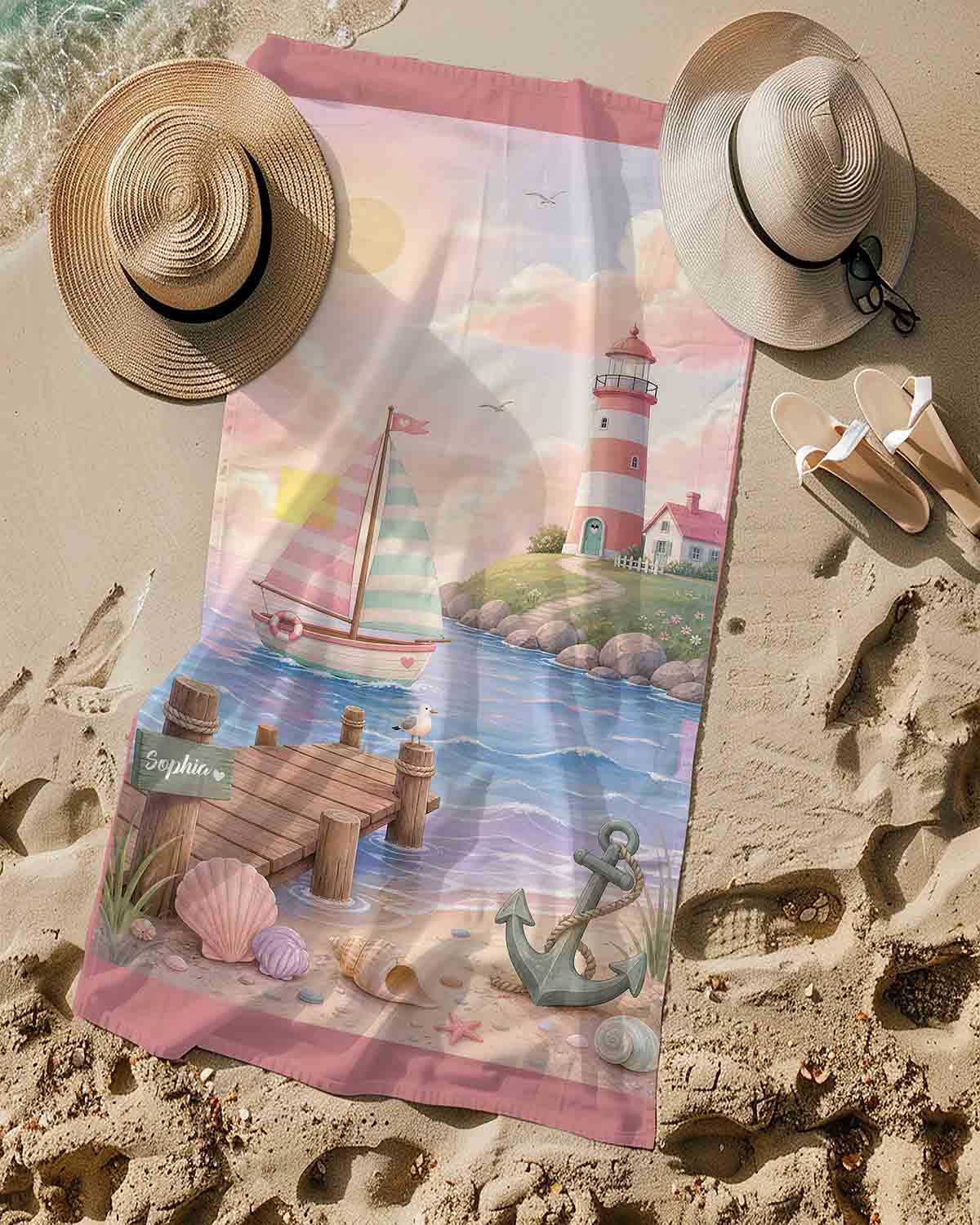 Personalized pastel nautical girls beach towel, kids custom name gift, lighthouse sailboat coastal art lifestyle sand