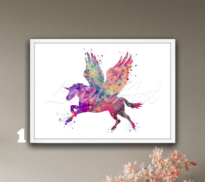 Pegasus Wall Art Watercolor Print, Fantasy Animals Poster, Flying Horse Kids Decor