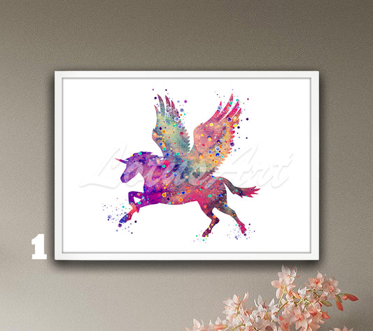 Pegasus Wall Art Watercolor Print, Fantasy Animals Poster, Flying Horse Kids Decor