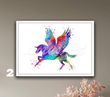Pegasus Wall Art Watercolor Print, Fantasy Animals Poster, Flying Horse Kids Decor