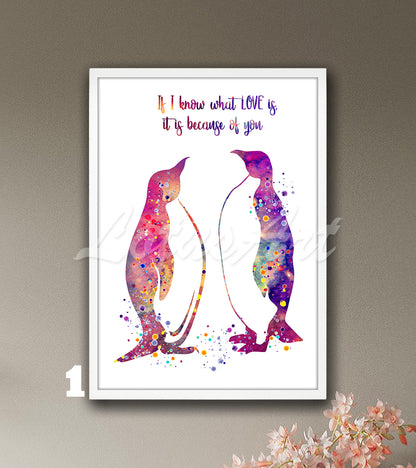 Penguins couple watercolor print with love quote for family wall decor in colorful puple tones