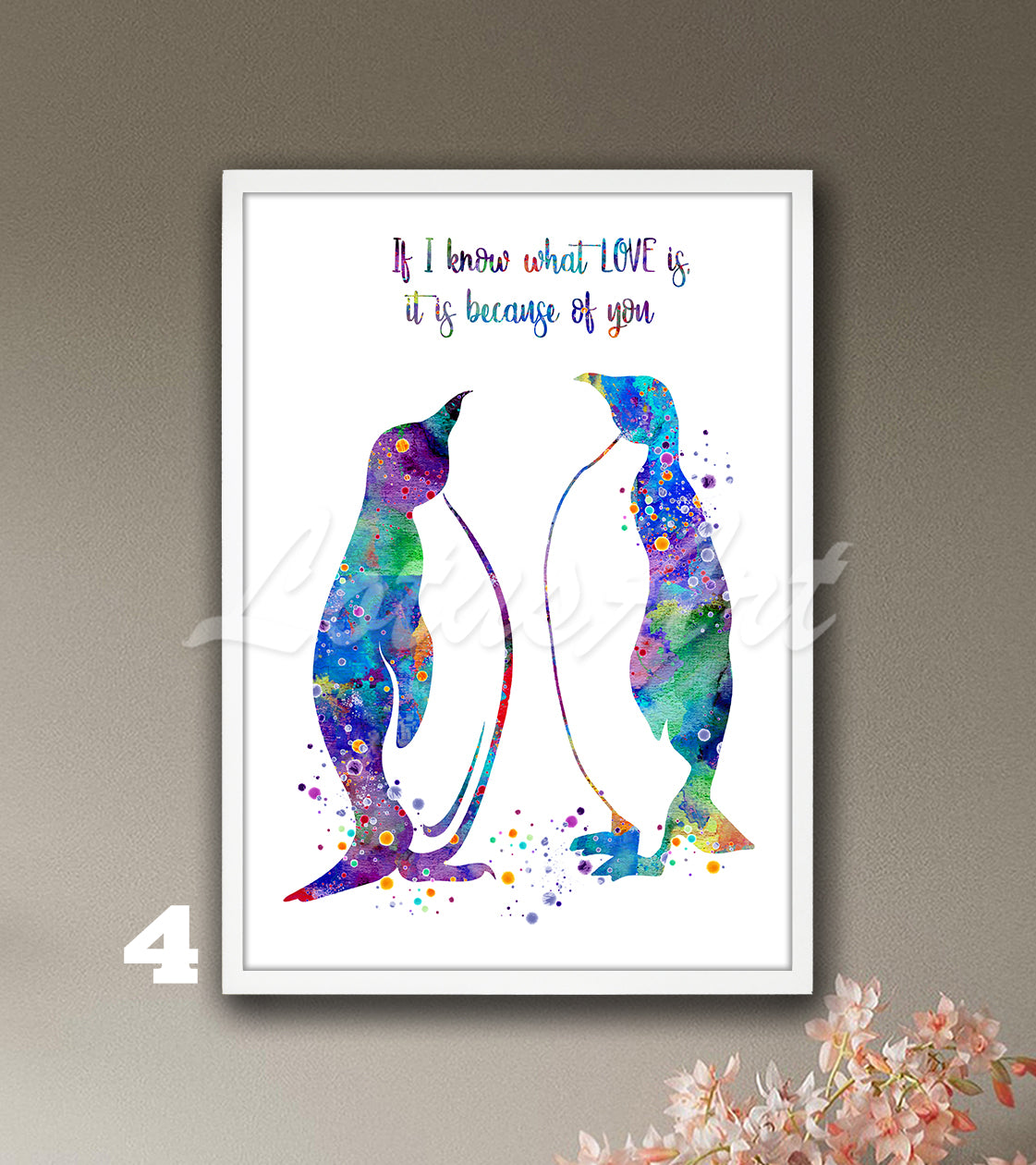 Penguins couple watercolor wall art print with love quote in blue and purple tones, anniversary gift