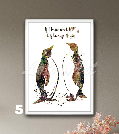 Penguins family watercolor wall decor with love quote in brown tones, heartfelt couple gift