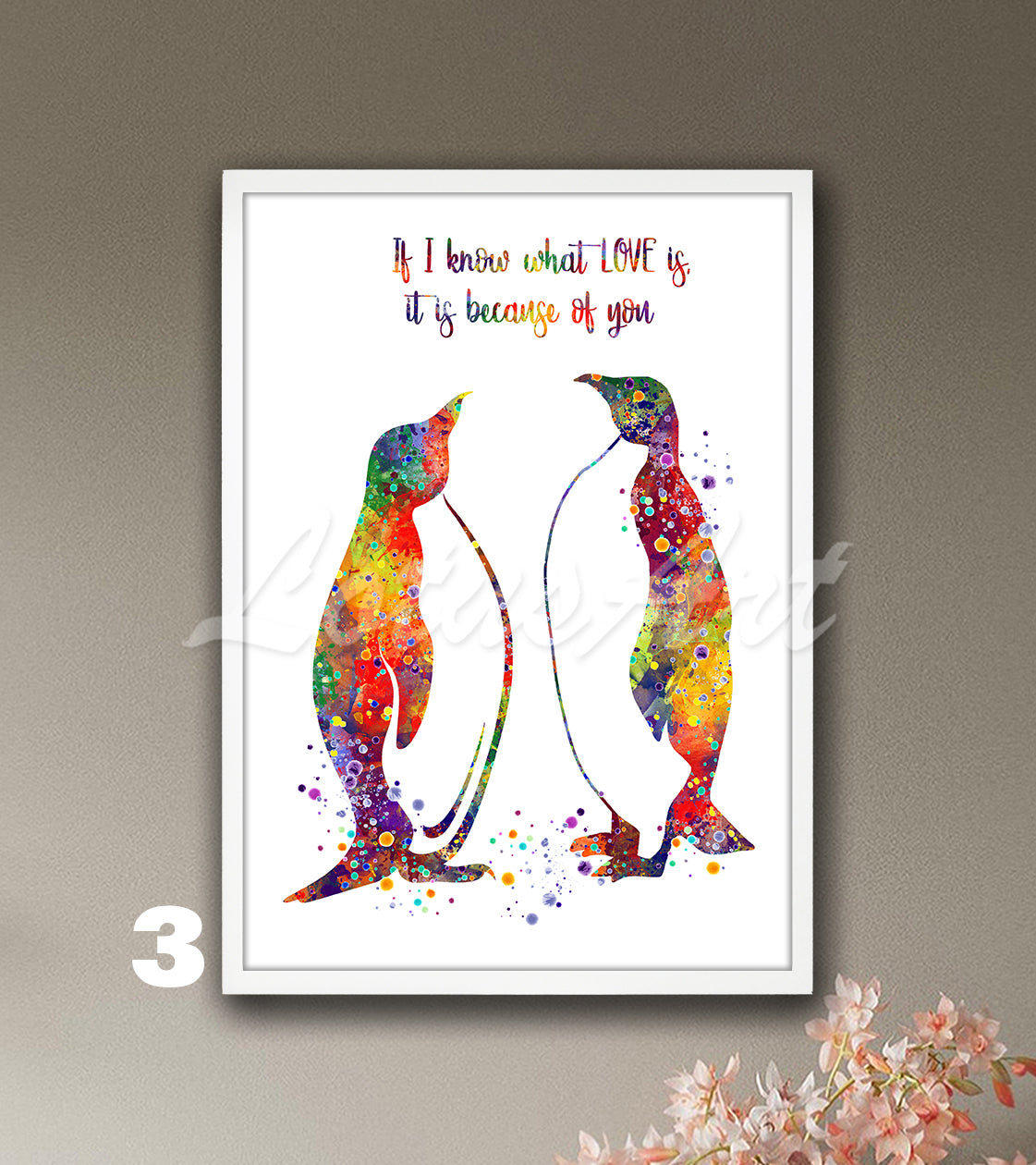 Penguins family watercolor artwork with love quote in bright multicolor tones, unique couple gift