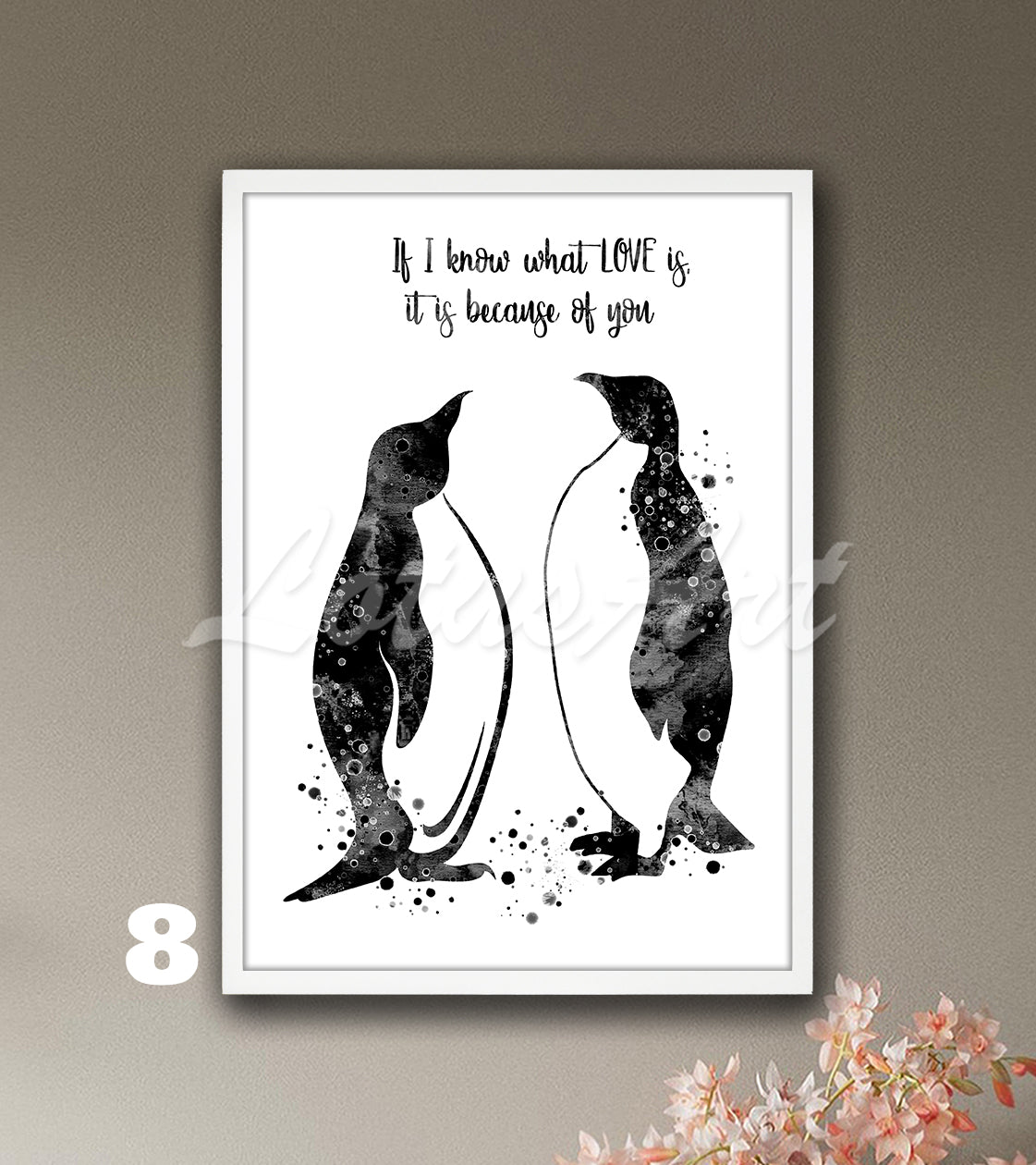Black-white penguins couple watercolor wall art with love quote, elegant anniversary gift