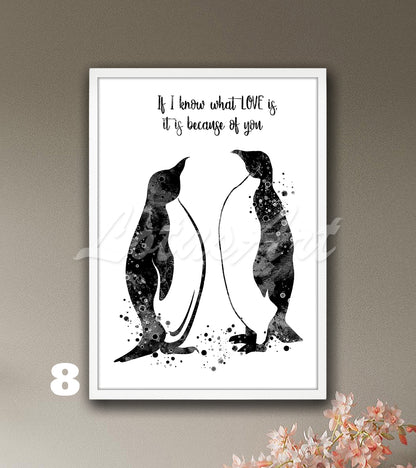 Black-white penguins couple watercolor wall art with love quote, elegant anniversary gift