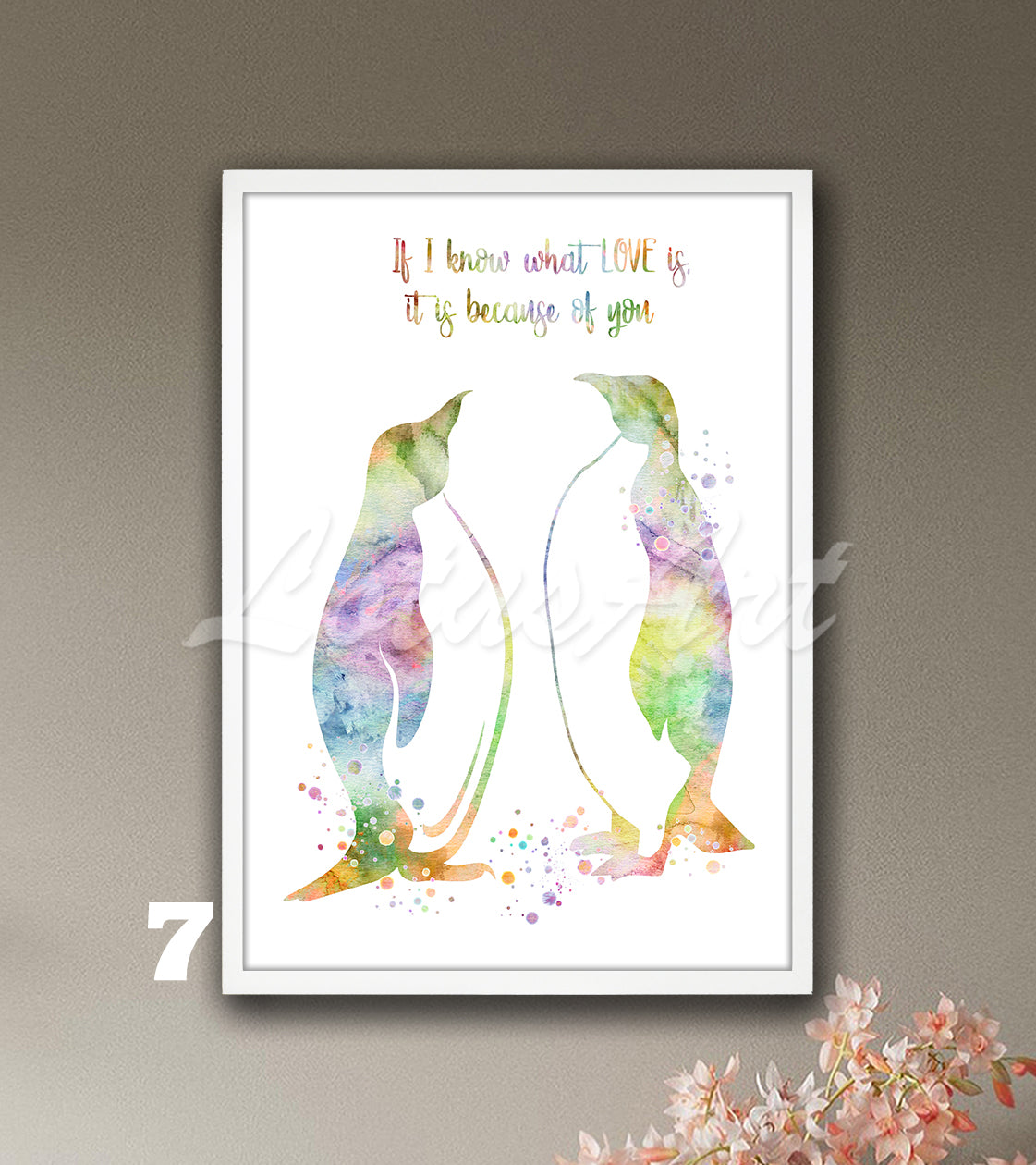 Penguins family watercolor wall art print with love quote in light pastel tones, romantic wall gift