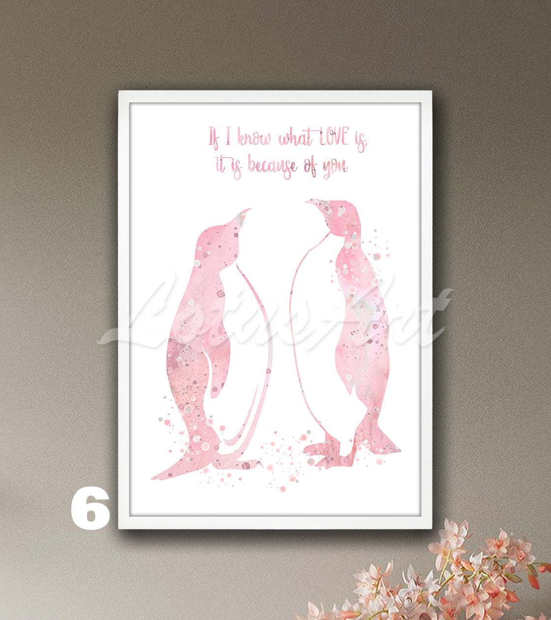 Light pink penguins couple watercolor art print with love quote for girls nursery, perfect gift for her