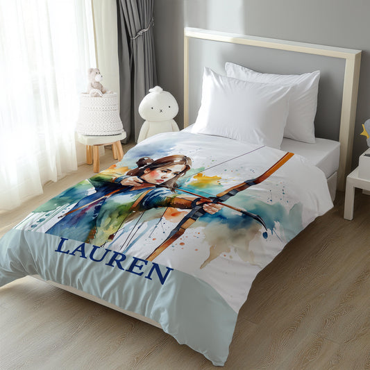 Personalized archery girl comforter watercolor sports bedding - custom name on bed in bright room