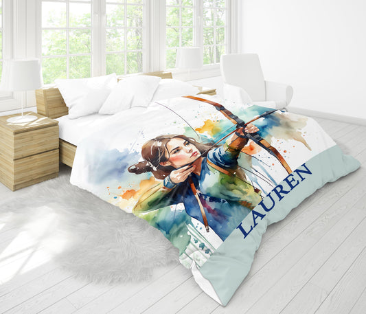 Personalized archery girl duvet cover watercolor sports bedding - custom name gift on bed in bright room