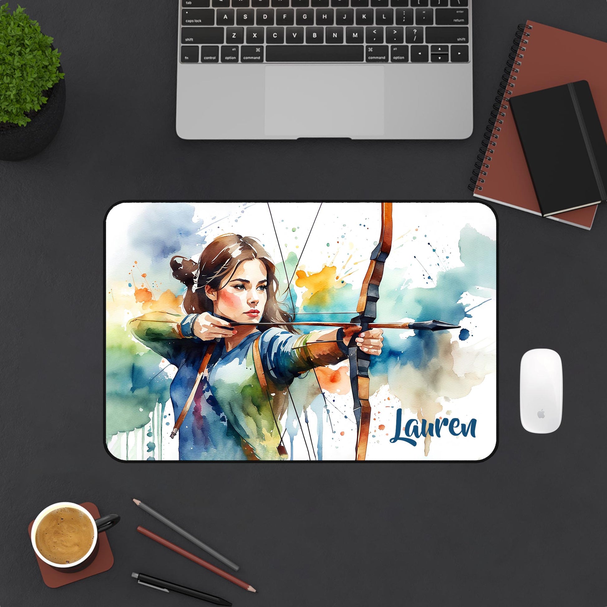 Personalized archery girl mouse pad with watercolor art on desk - custom name sports desk mat lifestyle