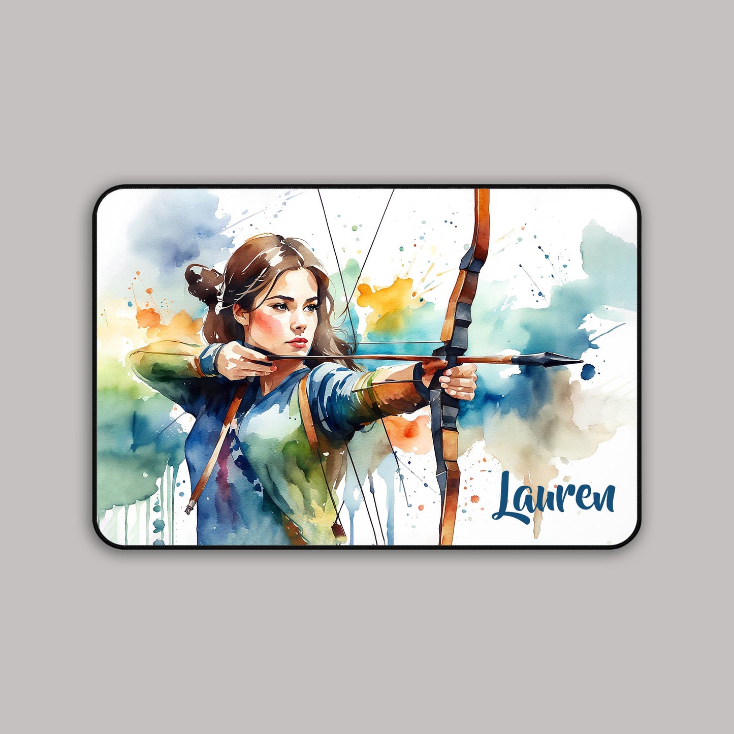 Personalized archery girl watercolor mouse pad - custom name bow arrow sports desk mat