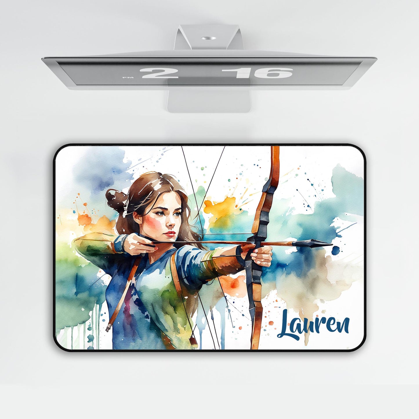 Personalized archery mouse pad with watercolor girl archer art - custom desk mat under computer