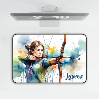 Personalized archery mouse pad with watercolor girl archer art - custom desk mat under computer