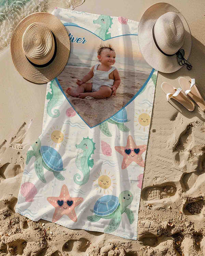 Personalized baby boy beach towel custom photo name, kids gift pastel sea animals art lifestyle sand