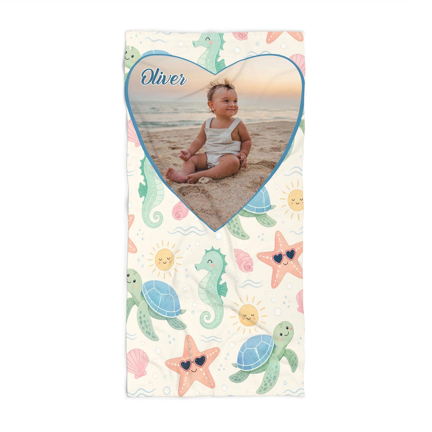 Personalized baby boy beach towel custom photo name, pastel sea animals art kids gift front view
