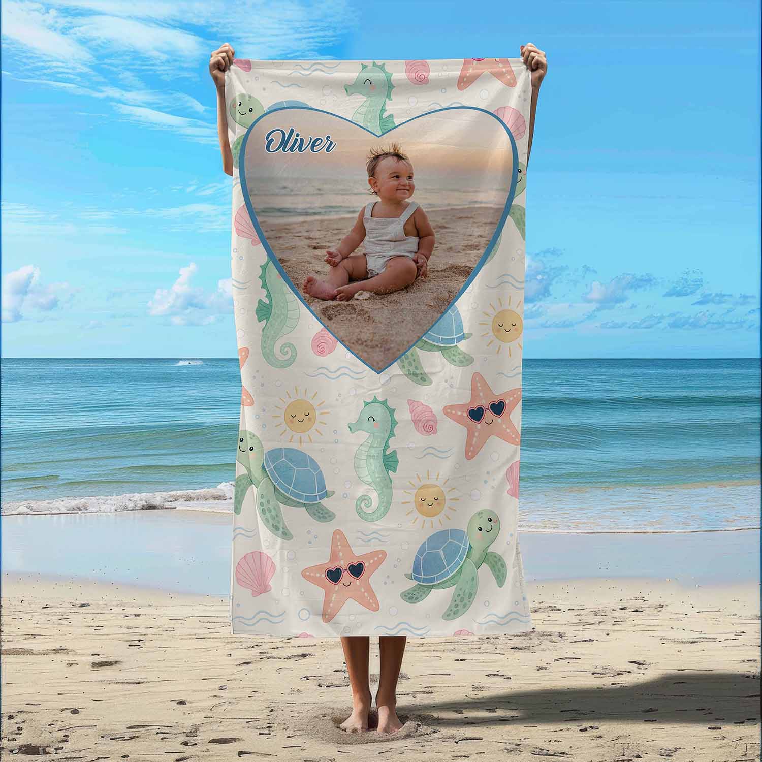 Personalized baby boy beach towel custom photo name, pastel sea animals art kids gift lifestyle beach